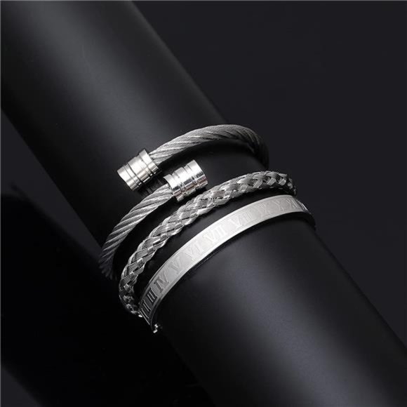 3PCS Stainless Steel Bracelets for Men Gold Roman Numeral Bangle Bracelet Cable - Picture 2 of 6